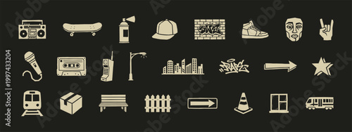 Urban Hip Hop Street Culture Icons Set with Boombox Skateboard Graffiti and Sneakers