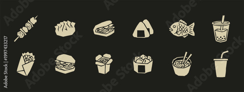 Minimalist Asian street food and snack icons set featuring ramen boba onigiri and dumplings