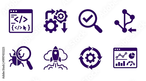 Collection of purple icons representing software development, debugging, and data analysis processes