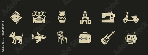 Retro vintage object icon set with clock tape recorder sewing machine and electric guitar