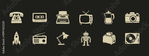 Retro vintage technology icon set including television camera typewriter radio and turntable isolated elements