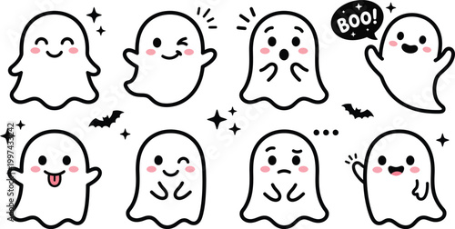 Cute cartoon ghosts with various expressions and emojis on white background