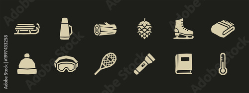 Set of winter outdoor recreation icons with sled thermos snowshoe and seasonal gear