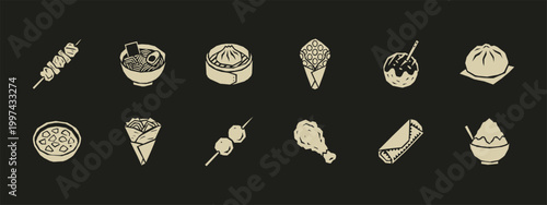 Asian street food icon set featuring ramen dumplings takoyaki and skewers in woodcut style