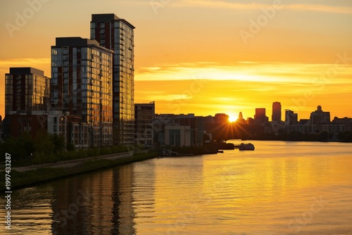 Sunset Over the River With Buildings Reflecting Light in the Evening Sky