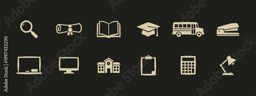 Twelve flat school and education icons including graduation cap bus and book