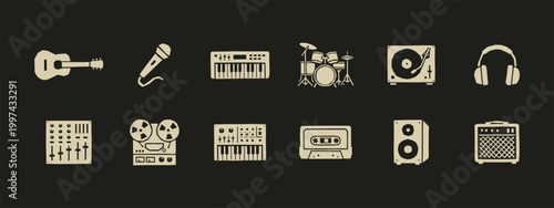 Retro hand drawn musical instrument icons and studio recording equipment collection
