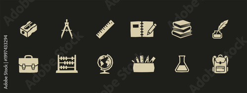 Set of vintage school supplies and education icons with globe backpack books and stationery