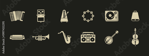 Collection of Vintage Musical Instrument and Audio Equipment Icons on Dark Background