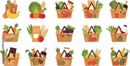 Grocery Basket Vector Set with Fresh Vegetables Fruits Bread and Organic Food Products for Shopping and Healthy Lifestyle Design