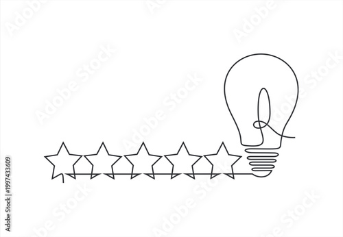 Continuous one line drawing of  light bulb with 5 stars, high quality creativity in work or business concept, single line art.