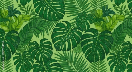 A vibrant green tropical leaf pattern on a green background with a light green border.