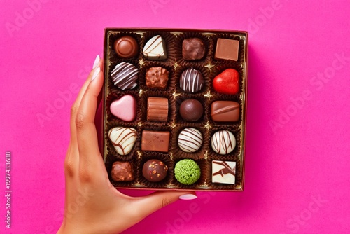 Hands Holding a Box of Assorted Chocolates on a Pink Background During a Fest...