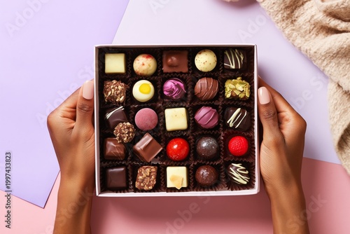 Hands Holding a Box of Assorted Chocolates on a Pink and Blue Background