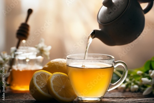 Warm Drink Being Prepared With Tea, Lemon, and Honey on Wooden Table With Flo...