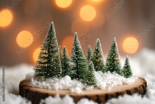 Tiny Green Trees on Wooden Base With Blurred Warm Lights in Background During...