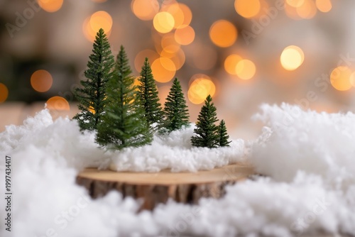 Tiny Green Trees on Wooden Base With Blurred Warm Lights in Background During...