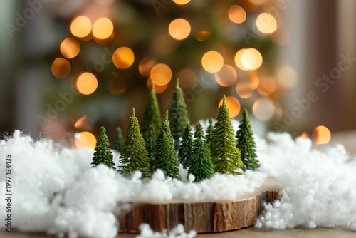 Festival Scene With Small Christmas Trees on a Wooden Base Surrounded by Whit...