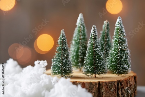 Festival Scene With Small Christmas Trees on a Wooden Base Surrounded by Whit...