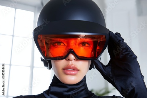 Woman Wears Helmet With Visor in Studio Setting During a Fashion Shoot