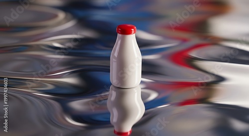 White Milk Bottle with Red Cap on Reflective Liquid Surface
