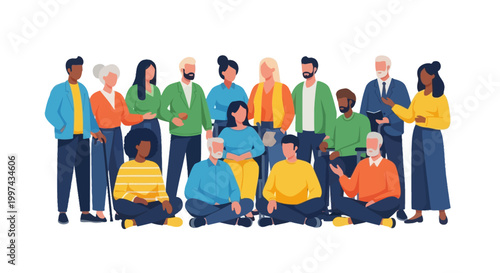 Diverse and Inclusive Community Group Illustration. Multi-Generational People Standing and Sitting Together, Embodying Unity and Social Equity.