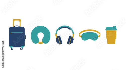 Set of travel essentials including luggage pillow headphones sleep mask and coffee cup.
