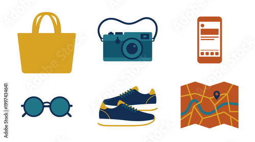 Set of travel essentials and accessories flat icons.