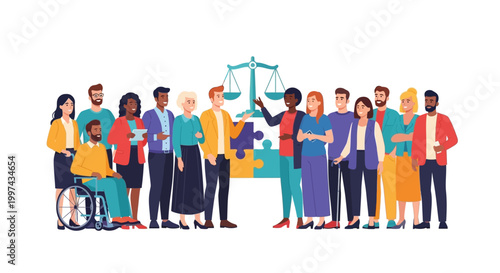 Diverse Group Advocating for Justice, Equality & Inclusion with Scales & Puzzle Pieces