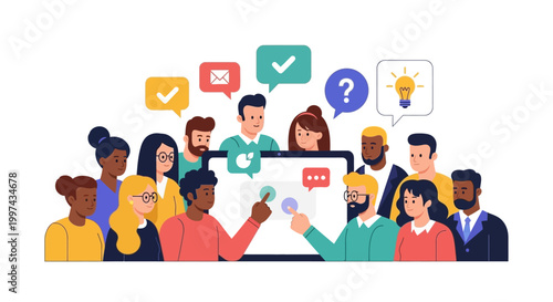 Digital Collaboration: Diverse Team Brainstorming Ideas and Solving Problems Online with Communication Icons
