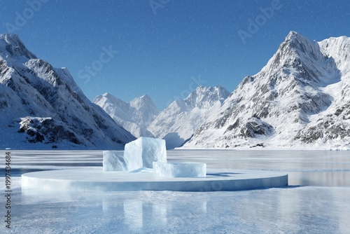 View of Ice Formation on a Calm Lake Surrounded by Mountains on a Clear Day
