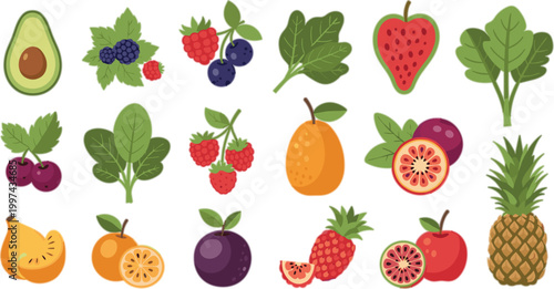 Tropical and Fresh Fruit Vector Set with Avocado Berries Citrus Pineapple and Organic Healthy Food Ingredients for Nutrition Design