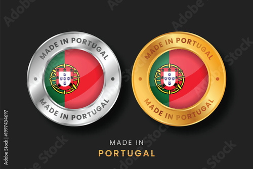 High-quality circular gold and silver labels featuring the Portugal flag. Professional Made in Portugal emblems for local product certification, exports, and manufacturing origin.