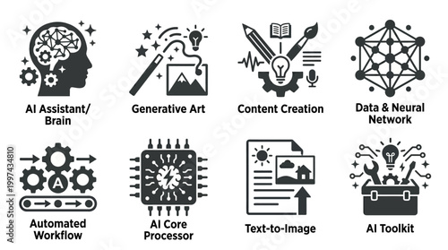 Illustrative icons representing AI technologies, including generative art and neural networks, on a digital canvas