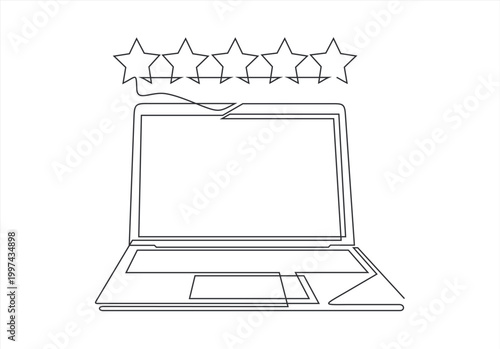 Laptop with online review, rating stars, like and dislike symbols, feedback and voting. Continuous one line drawing
