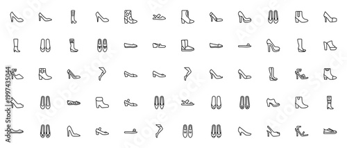 Woman Footwear Icon Set. Vector Illustration of High Heels, Boots, Shoes, Sandals, Sneakers and Socks. Minimalist Line Icons Pack.