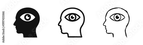 Eye in Human Head Icon Set - Vision, Perception, and Insight Concept in Solid, Outline, and Sketch Styles
