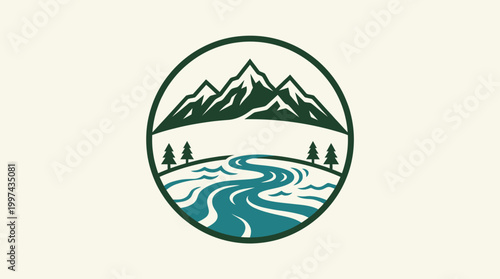 Scenic logo featuring mountains, river, and pine trees, ideal for outdoor adventure branding