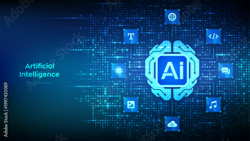 Digital brain icon made with binary code. Artificial Intelligence technology concept. Neural network. Big data. Machine learning. Binary code background with digits 1.0. Vector illustration.