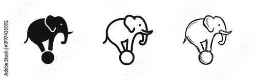 Circus Elephant on Ball Icon Set - Performance and Balance Concept in Solid, Outline, and Hand-Drawn Styles