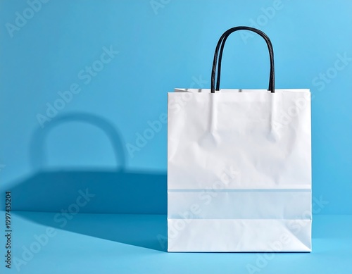 Simple, crisp white paper shopping bag stands upright, against a pastel blue background, casting a soft shadow