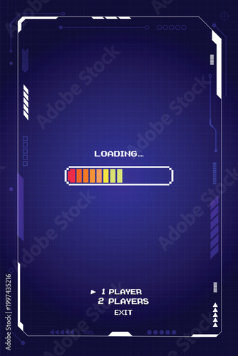 LOADING. pixel art 8 bit. Retro Futurism Sci-Fi Background. glowing neon grid and star from vintage arcade computer game. vertical background.