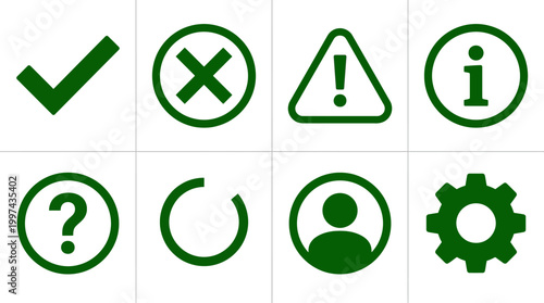 Collection of green icons including check mark, cross, warning, information, question mark, loading, user, and settings