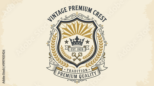 Vintage premium crest logo featuring a crown, sunburst, and decorative elements, symbolizing quality and tradition