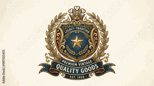 Vintage emblem featuring a star and ornate laurel design, symbolizing quality and tradition