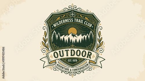 Vintage emblem representing the Wilderness Trail Club, showcasing mountains and sun, ideal for outdoor adventures