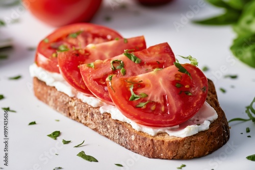 Fresh Tomato Slices on Toasted Bread With Cream Cheese and Herbs on a Simple ...