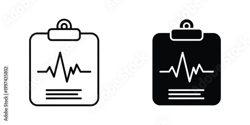 Comparison of medical clipboard icons with heartbeat lines in light and dark versions