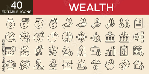 Wealth management icons set vector illustration with icons of finance, manage, investment, banking, business, financial condition, target, money, fund, cashflow, retirement editable stroke line icons