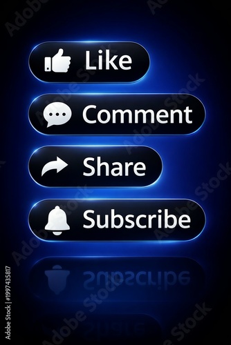 Modern black buttons with like, comment, share, and subscribe icons on dark blue background